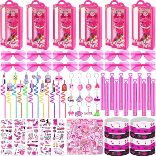 We1stdsee 184Pcs Pink Girls Party Favors Pack For 12Guests Includ Goodie Box Heart Glasses Straws Bubble Wands Tattoo Sticker Bracelet Keychain for Kids Girls Birthday Party Decoration Supplies