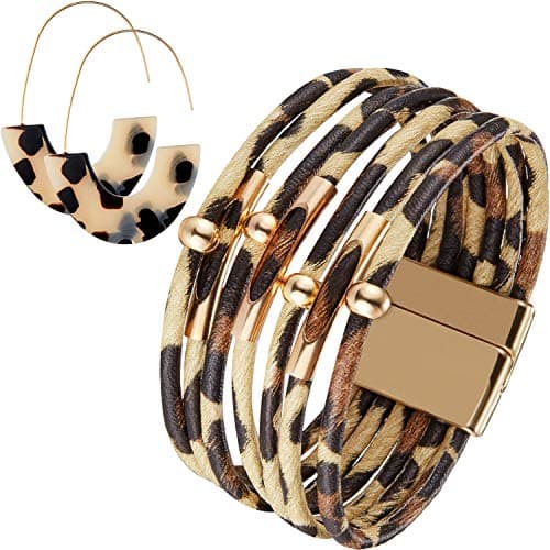 Hicarer Leopard Bracelets and Earrings Cheetah Jewelry Tortoise Shell Earrings Multilayer Leather Wrap Bracelets Large Wrists Boho Accessories(Beige)