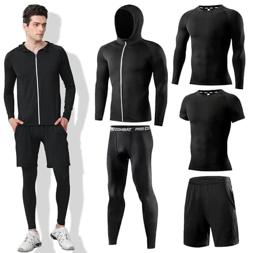 DMVOD Mens 5Pcs Quick Dry Compression Sets Tops Accessories Clothes Equipment for Workout Gym Athletic Running Sport Include Compression T-shirt Long/Short, Shorts, Leggings Tights, Hooded Black-XS