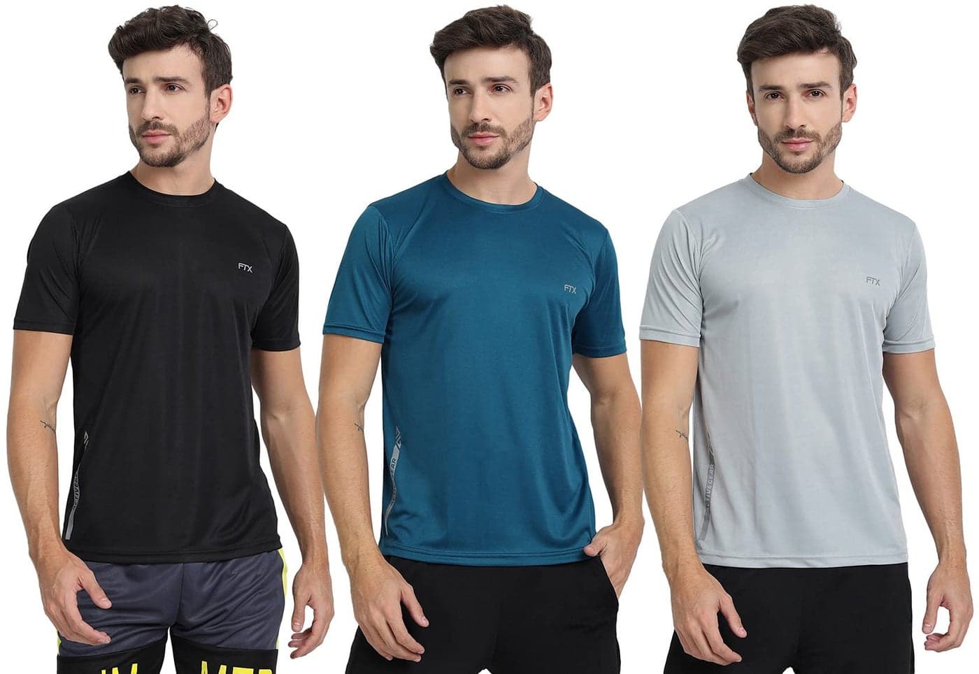 FTX Men's Dri-Fit Round Neck T-Shirt Combo - Pack of 3 (Black, Airforce Blue, Light Grey - 723_2-723_5-723_7)