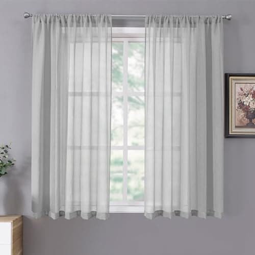 Tollpiz Short Sheer Curtains Linen Textured Bedroom Curtain Sheers Light Filtering Rod Pocket Voile Curtains for Living Room 54 x 45 inches Long Silver Grey Set of 2 Panels
