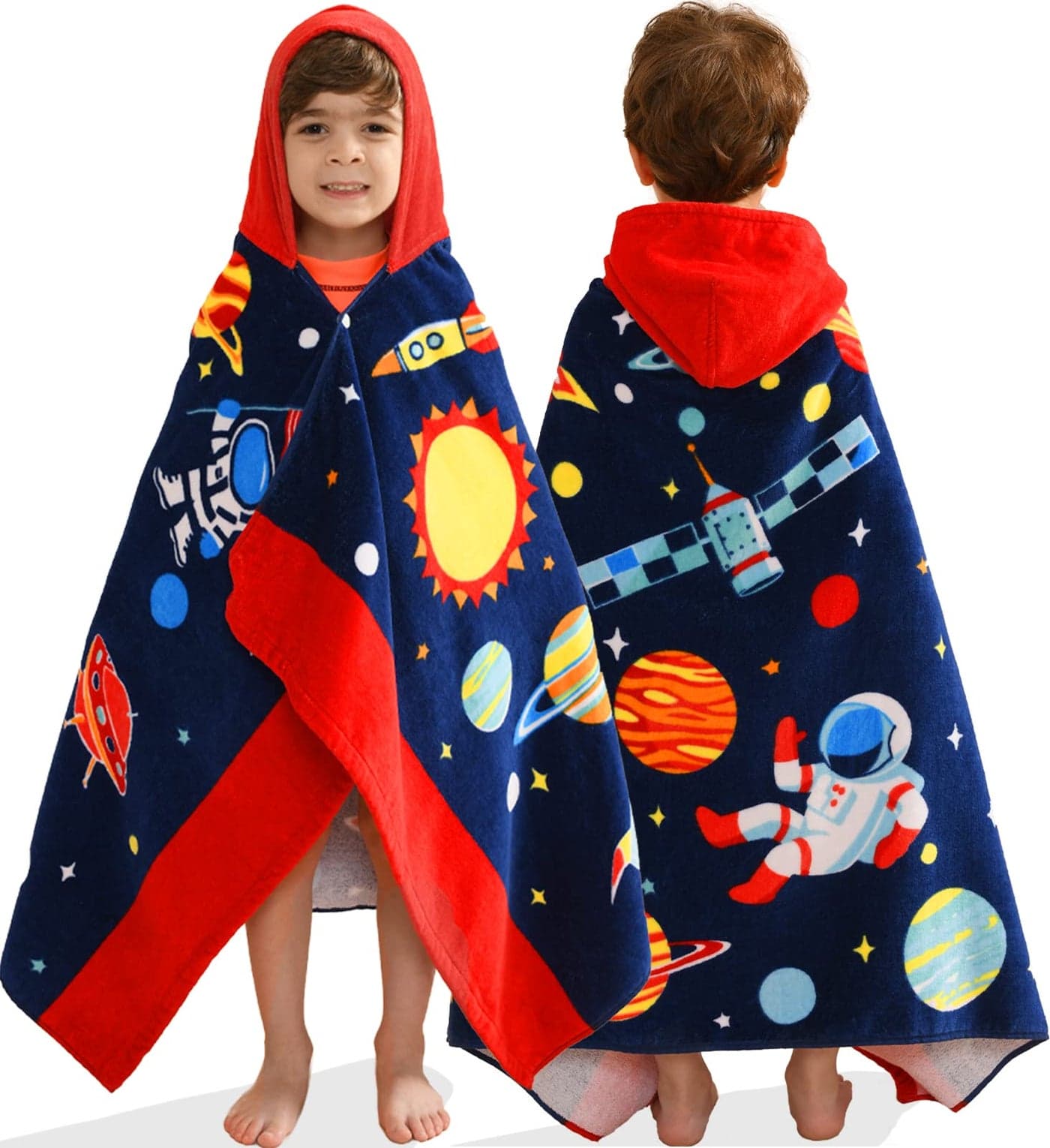 VOOVA MOVAS Kids Hooded Towels Age 310 30X50Soft Thick Absorbent Cotton Beach Bath Pool Towel Wrap Oversized for Boys Girls Space Theme