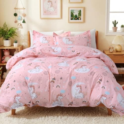 JSD Pink Unicorn Kids Duvet Cover Set Full Size, 3 Piece Girls Printed Microfiber Bedding Comforter Cover with Pillow Shams Zipper Closure, Comforter Not Included