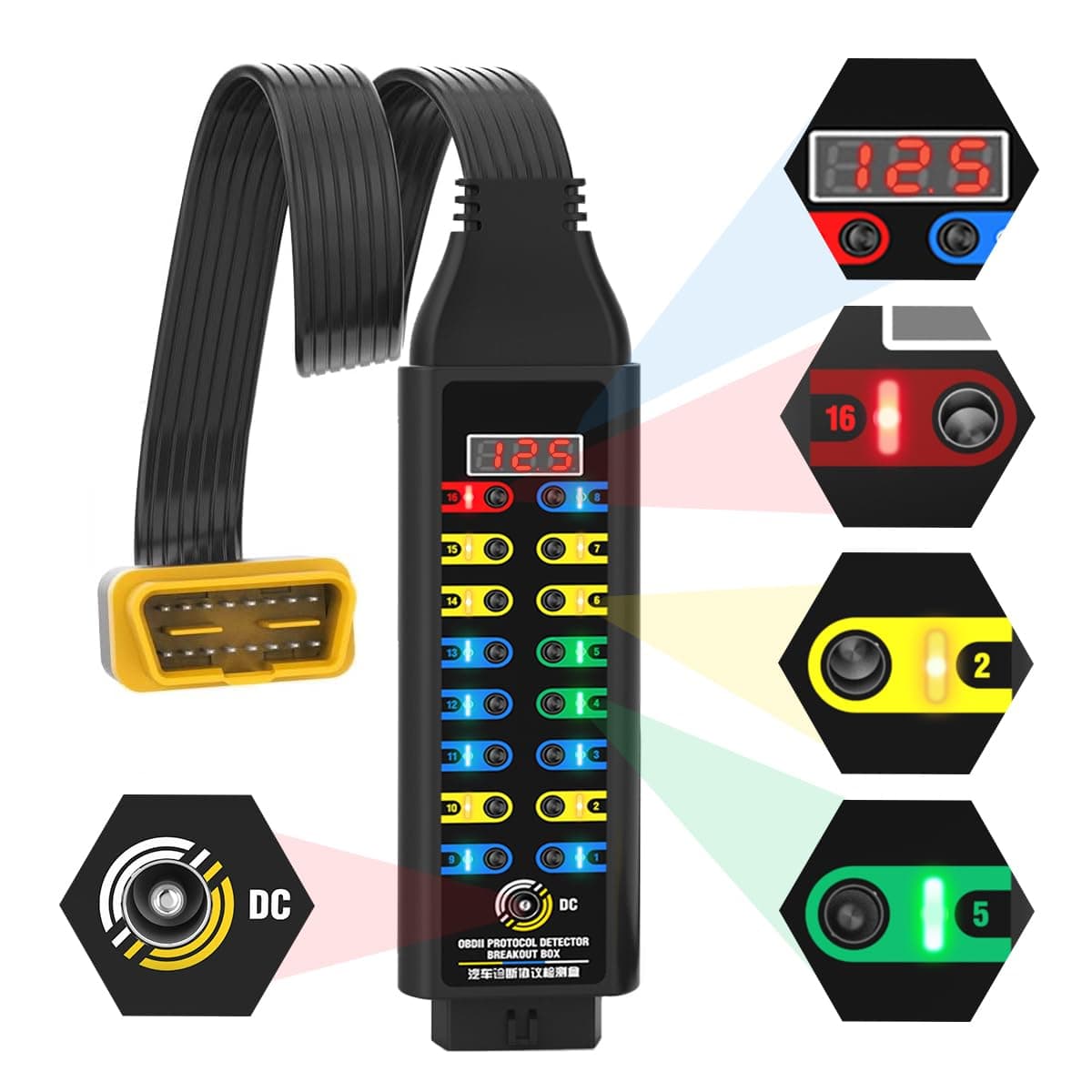OBD2 Breakout Box Automotive Advanced OBDII Protocol Detector with LCD Display LED Indicator 16Pin CAN Breakout Box Diagnostic Tool for Power Car ECU Use with ScannerMultimeterOscilloscope