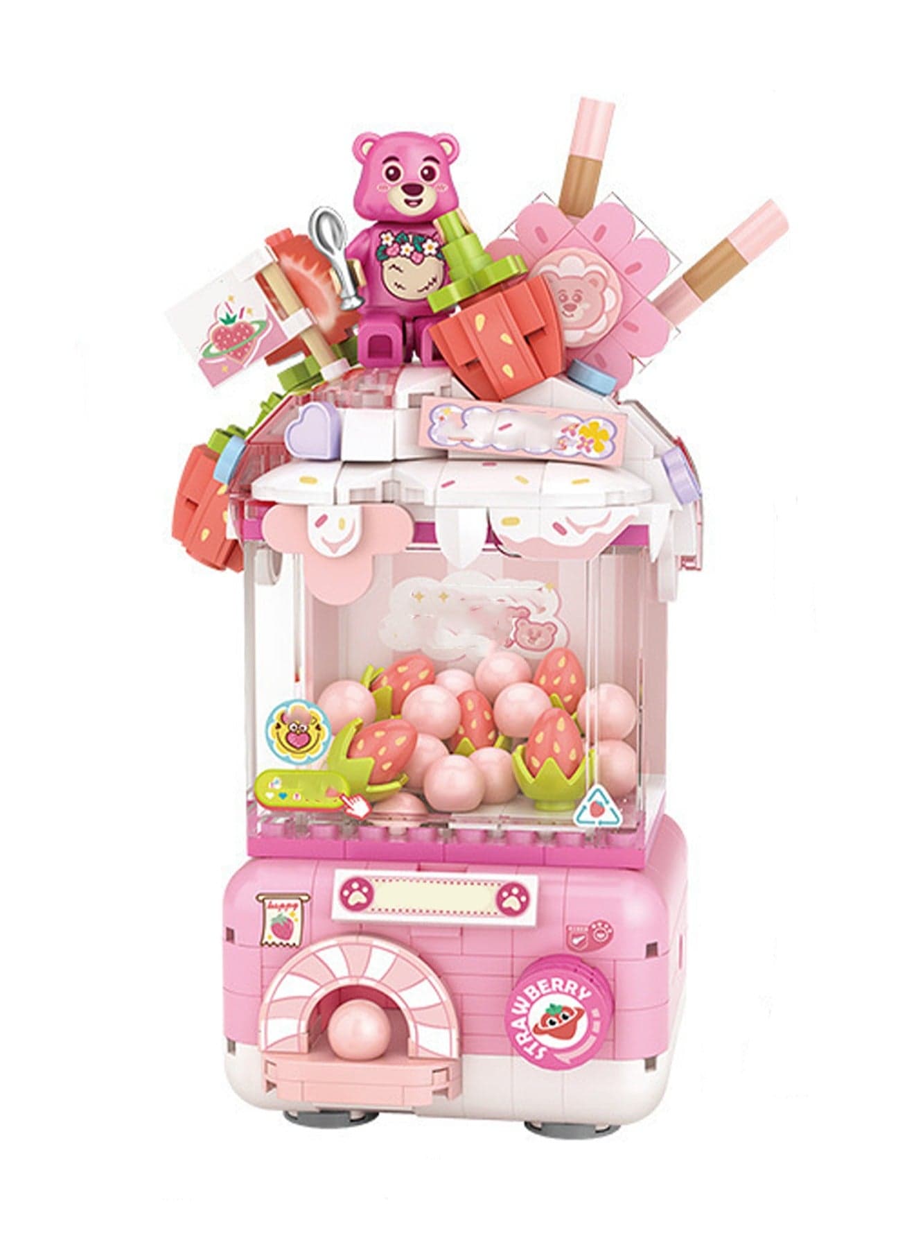 Mini Strawberry Gachapon Machine Toy Model Set Building Blocks Creative Diy Simulation Collection Building Assembly Children'S Toys