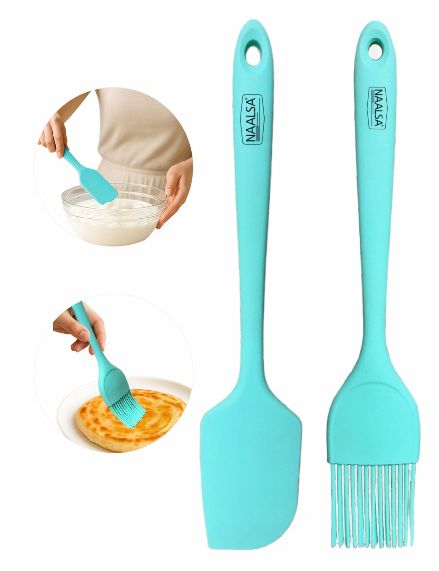 NAALSA GLENZ 2Pc Set Silicone Spatula and Oil Brush Heat Resistant (1PC Spatula & 1PC Oil Brush), Food Grade, Non-Stick for Cooking & Baking, Pastry Brush for Dosa Tawa & Grilling (2pc Combo)