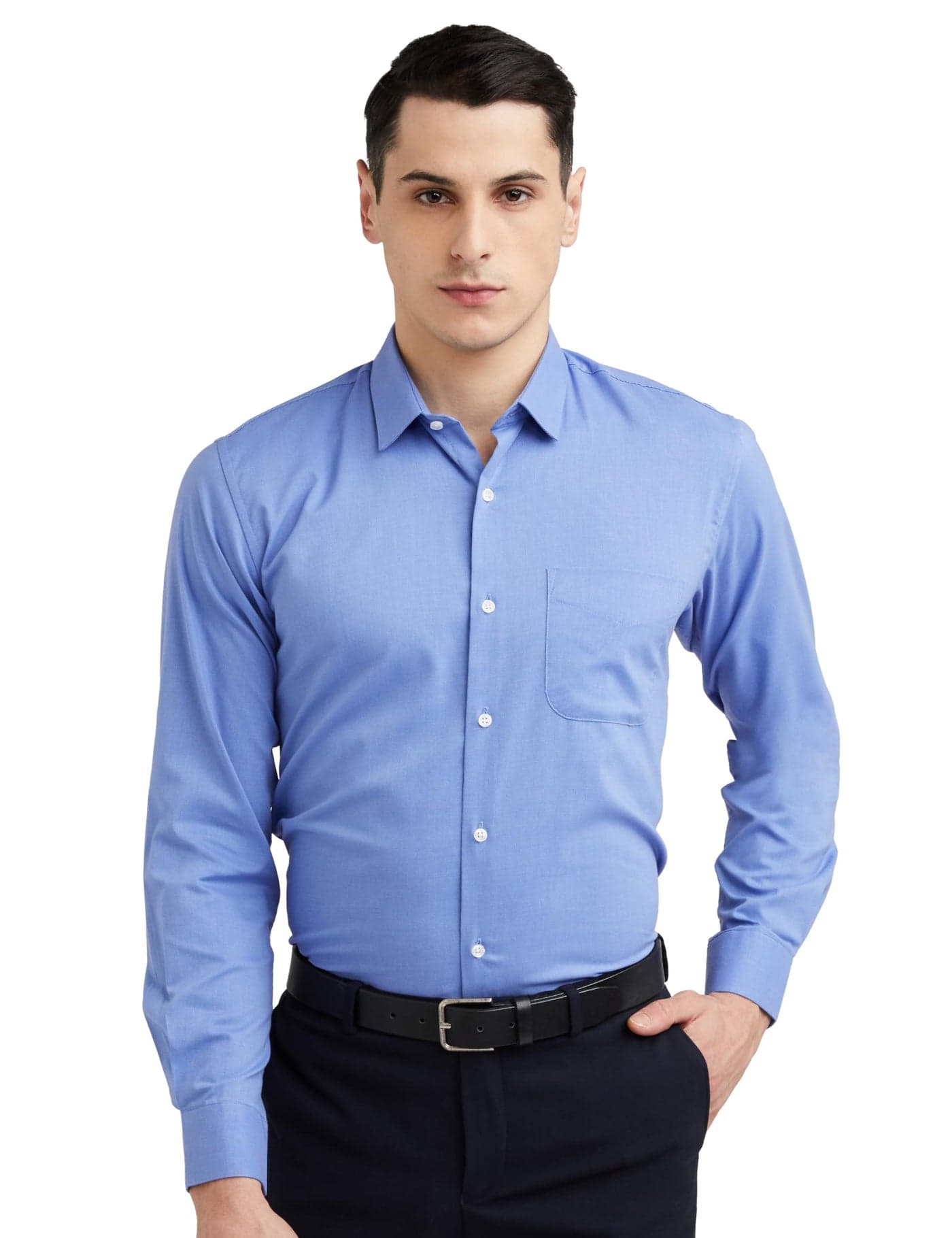 Peter England Men's Everday Regular Fit Solid Shirt | Cotton Rich | 5-Pin Pocketing Medium Blue