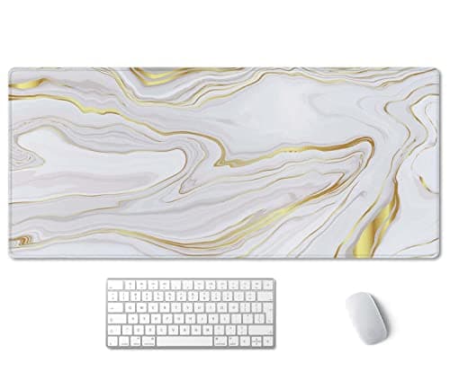 SSOIU White Gold Marble Desk Mat, Desk Pad, Large Mousepad, Large Mouse Pad 35.5" x 15.7" XXL Extended Gaming Mouse Pad Mat with Non-Slip Base Stitched Edge Mousepad for Computer