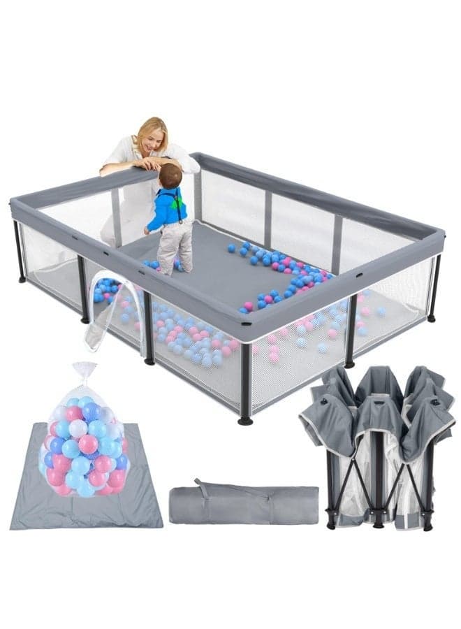 Foldable Baby Playpen with Mat, 127*180*66cm Foldable Playpen for Babies and Toddlers, Indoor & Outdoor Kids Safety Play Pen, Portable Play Yard, Foldable Baby Playpen with 20 Ocean Balls,Dark Grey