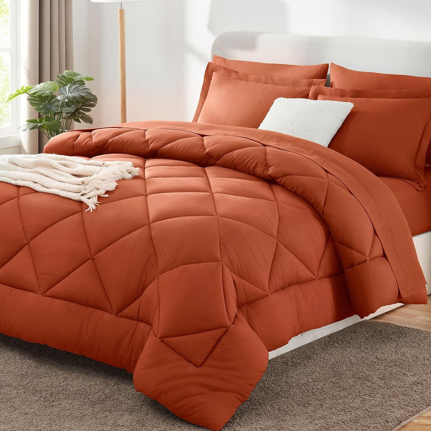 CozyLux Queen Comforter Set Burnt Orange Bed in a Bag Queen Size 7 Pieces Luxury Soft Bed Set for All Seasons Bedding Set with Down Alternative Comforter Sheets Pillowcases Shams Terracotta