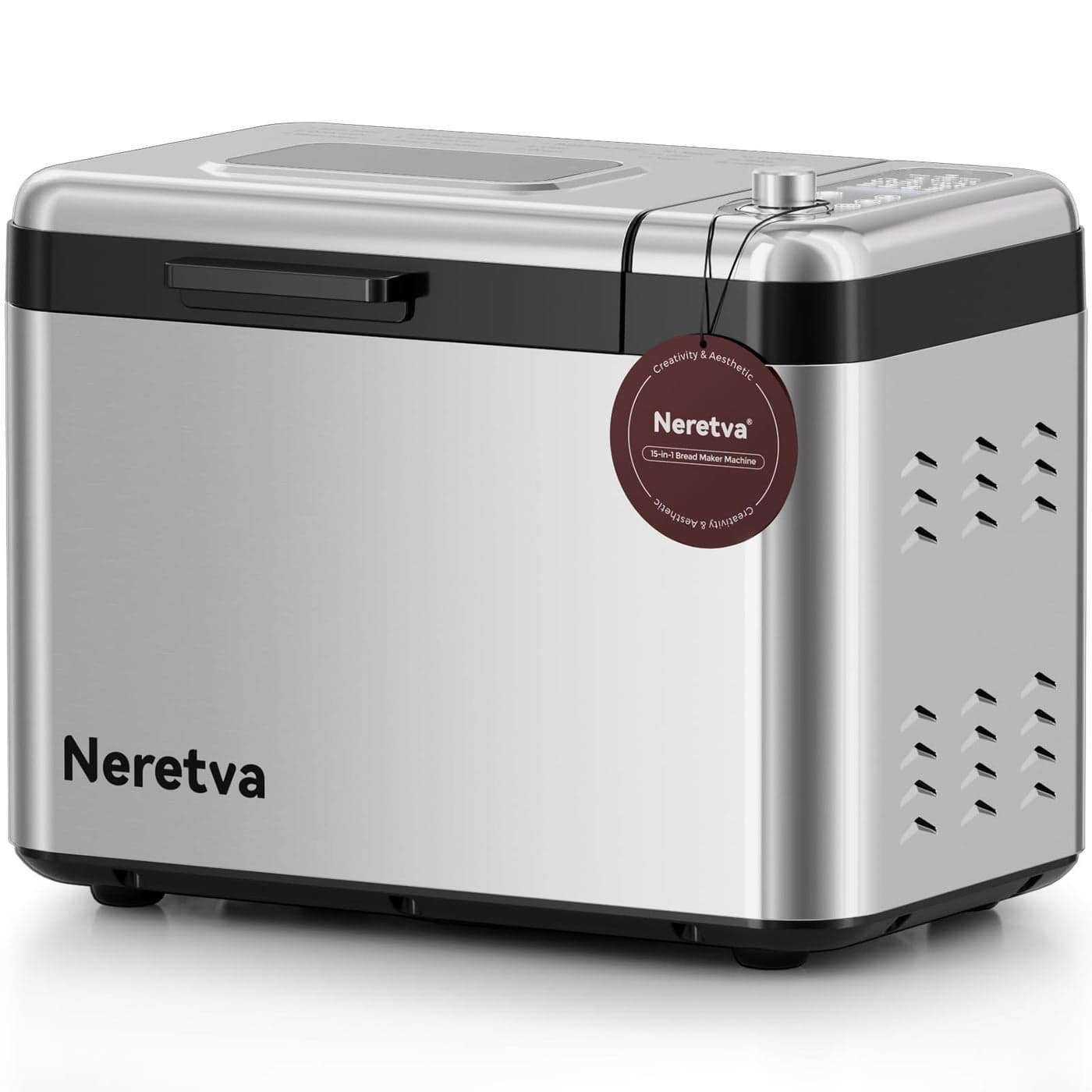 Neretva Bread Maker 33LB Larger Bread Machine 15in1 Stainless Steel Nonstick Ceramic Pan Auto Nut Dispenser Breadmaker Machines Full Touch Panel with Gluten Free White Wheat Rye French Pizza