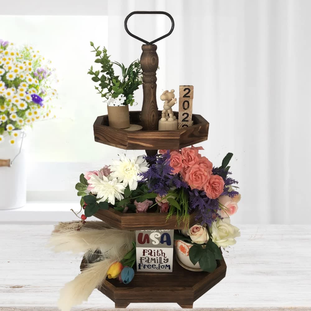 MRPAPA 3Tier Rustic Black Wooden Serving Tray Farmhouse Cupcake Stand Kitchen Organizer 27x15 Tall Tiered Tray for Dining Table Fall Decor Country Home Decor