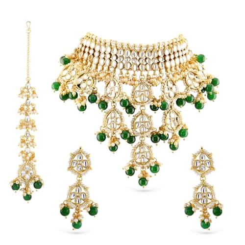 Rubans 22K Gold-Plated White Kundan Studded & Green Pearls Beaded Choker Necklace Set for Women – for Bridal & Festive Looks