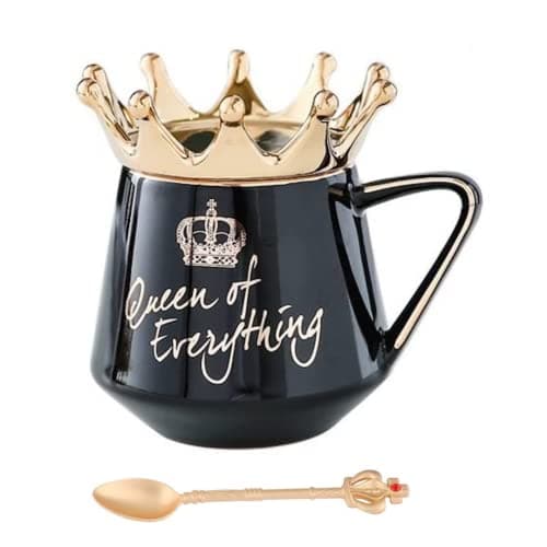 NYRWANA Coffee Mug, Gift for Woman, Birthday Present for Girlfriend, Wife Gift for Anniversary, Queen of Everything Mug with Golden Crown & Spoon (350ml-Black)