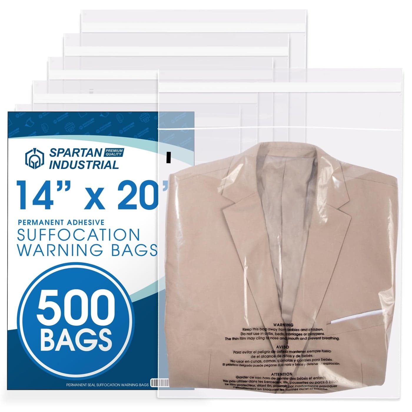 Spartan Industrial 14 X 20 500 Count Self Seal Clear Poly Bags with Suffocation Warning for Packaging Clothes Permanent Adhesive