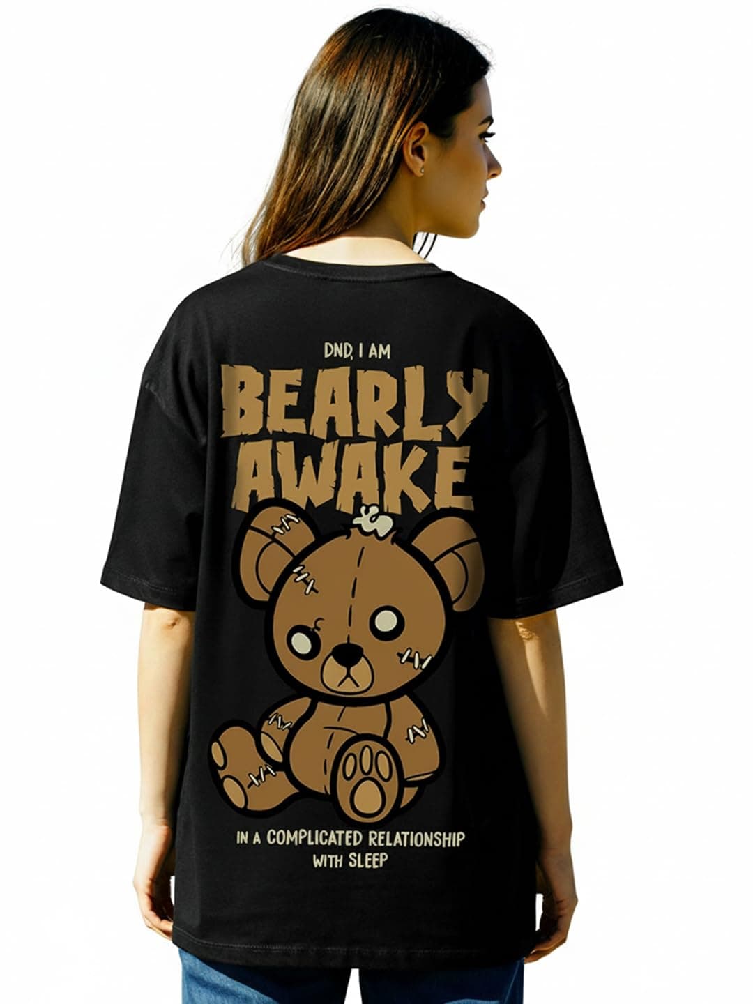 Bewakoof Women's Bearly Awake Graphic Printed 100% Cotton T-Shirt Oversized Fit, Round Neck, Half Sleeve_591651_Black_3XL