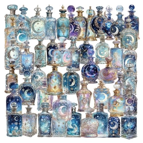 50PCS Lunar Phase Crystal Bottle Stickers Clear Watercolor Moon Star Aesthetic Celestial Sticker for Journals Scrapbooking Art Decoration