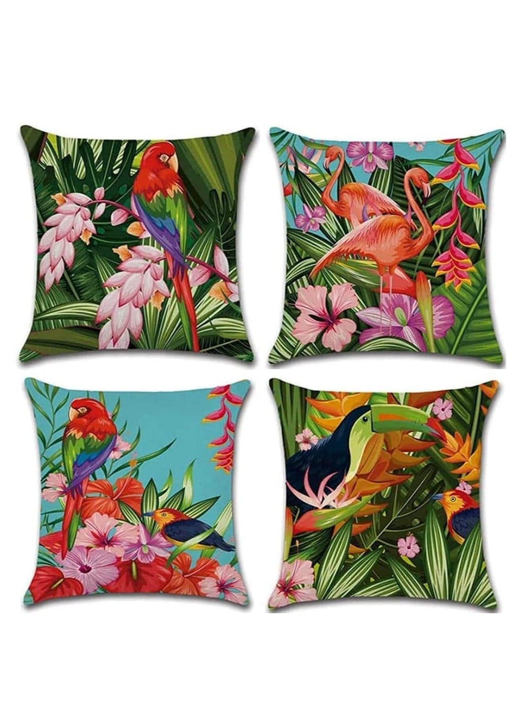 Cushion Covers Set, Outdoor Waterproof Green Leaf of 4 Tropical Plant Square Linen Throw Pillow Covers, Suitable for Sofa Garden, Terrace, Bench Home Bed Decorative Cushion Cover, 45 x 45cm