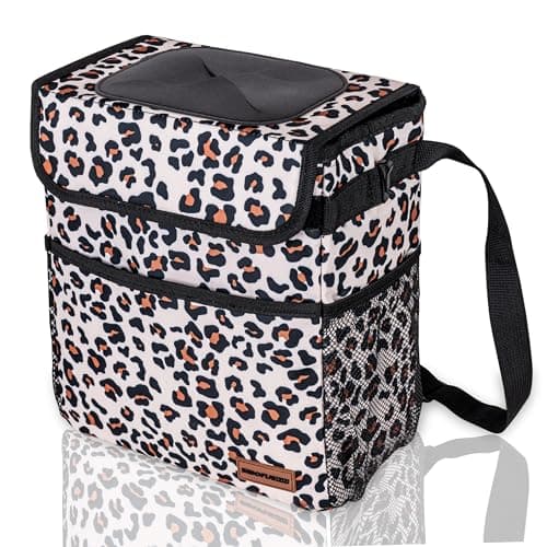 SIBOFUEGO Cute Car Trash Can with Lid – Multipurpose Collapsible Trash Bin for Car, Leak-Proof Organizer, Waterproof Garbage Can with Storage Pockets & Adjustable Straps, 2 Gallons (Leopard Print)