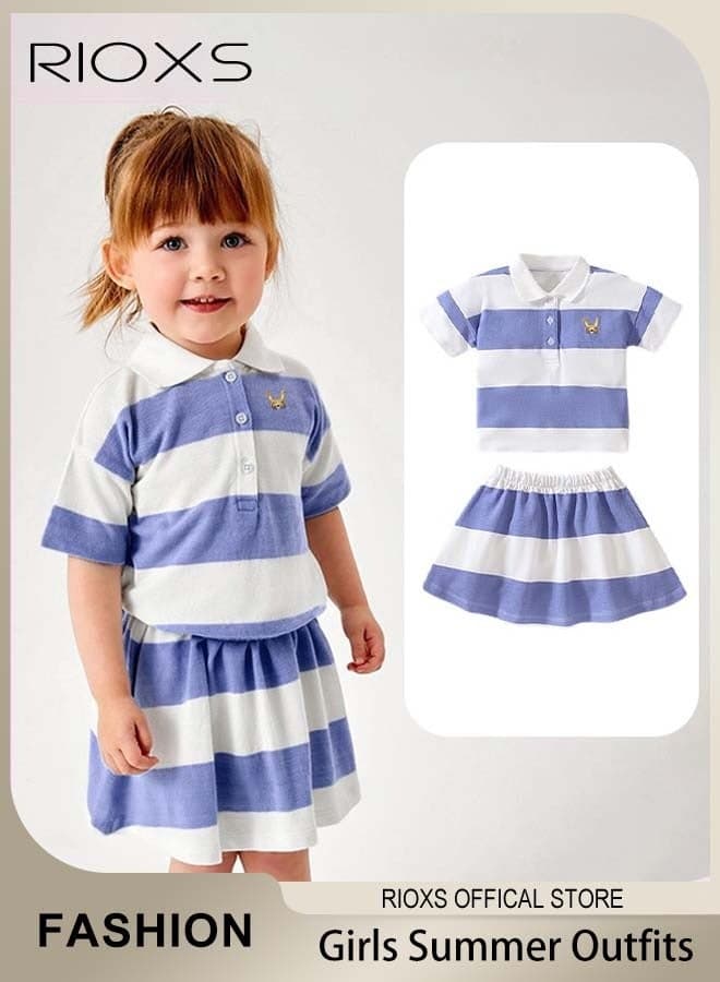 Summer 2-piece Set for Girls, Stylish Striped Top and Skirt, Cotton Shirt with Adorable Pattern and Elastic-waisted Skirt Set, Comfortable to Wear, Suitable for Daily Wear, Vacation and Other Occasions, Great Gift Choice for Girls