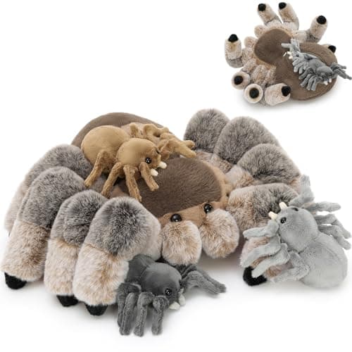 MorisMos 4Pcs Large Spider Plush 16 Inch Mommy Spider Stuffed Animals with 3 Babies Soft Cuddly Pillow Plush Gifts for Kids Boys Girls Brown