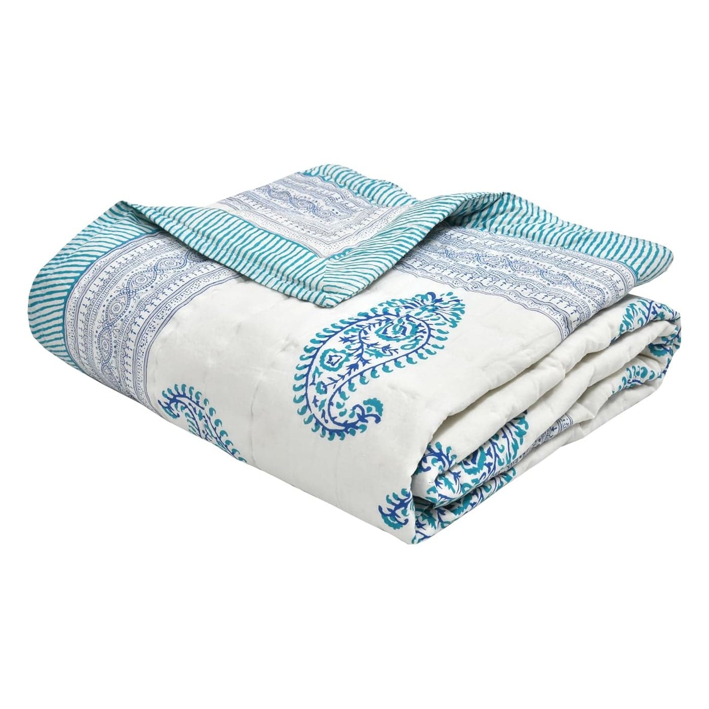 BLOCKS OF INDIA Cotton Single Size Quilt Hand Block Print for Light Winters 60x90 Inches Blue JAAL