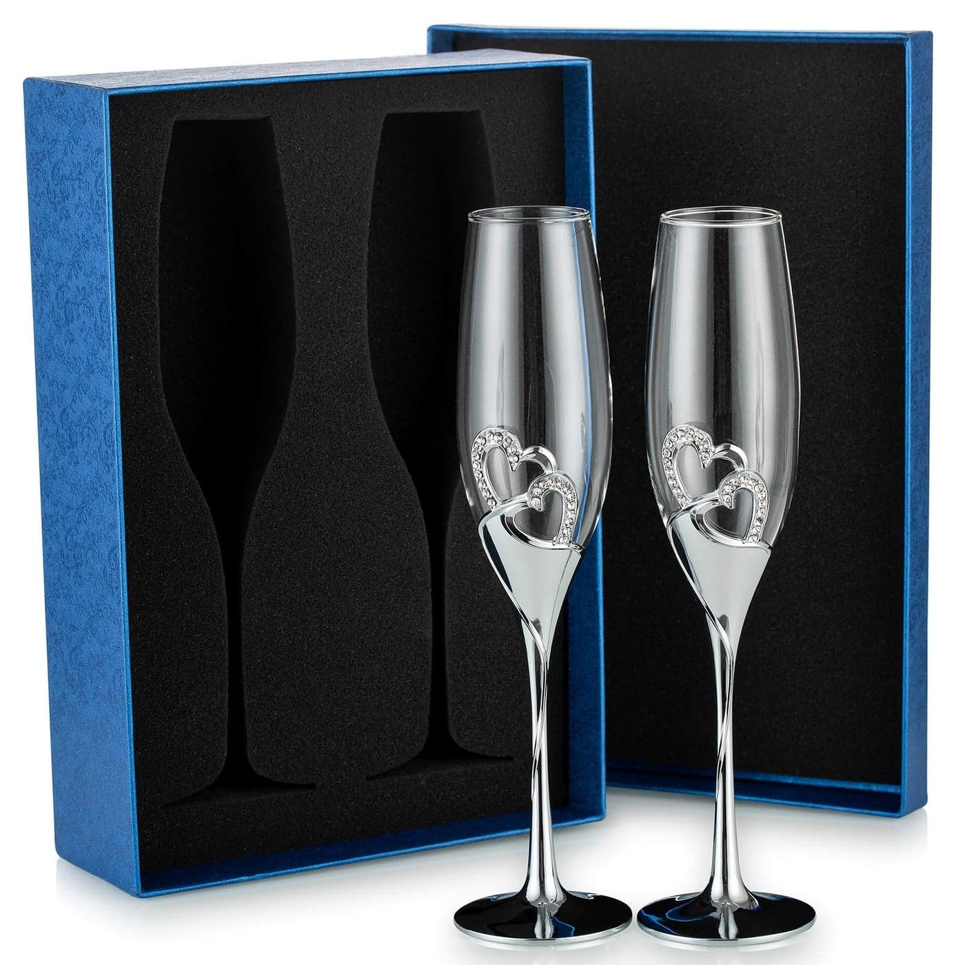 Sziqiqi Wedding Champagne Flutes for Bride and Groom Silver Toasting Flute Glasses Deluxe Rhinestone Rimmed Heart Decoration for Wedding, Anniversary, Engagement, Valentine's Day and Special Events