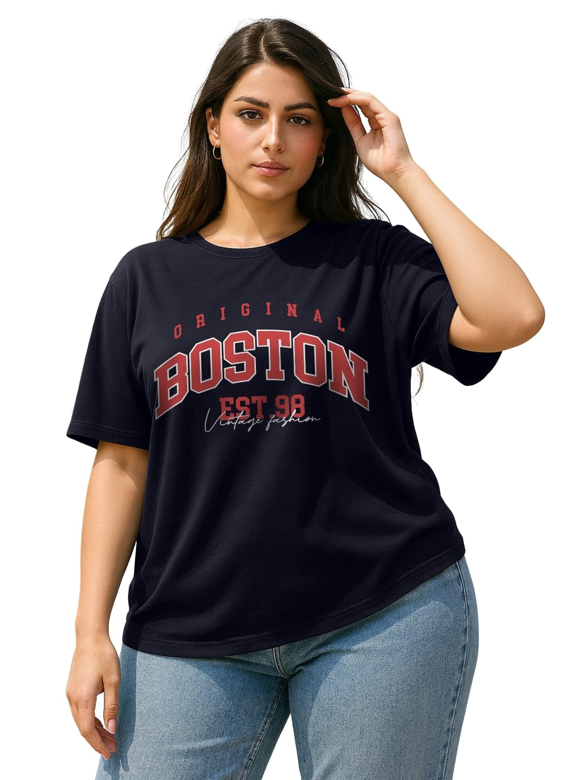 JUNEBERRY® Women’s Plus Size T-Shirt | Big Size 3XL–5XL | Plus Size Casual Cotton T-Shirt for Curvy Women | Soft & BreathablePS_OS_JB_BTN_NVY – Navy_5XL