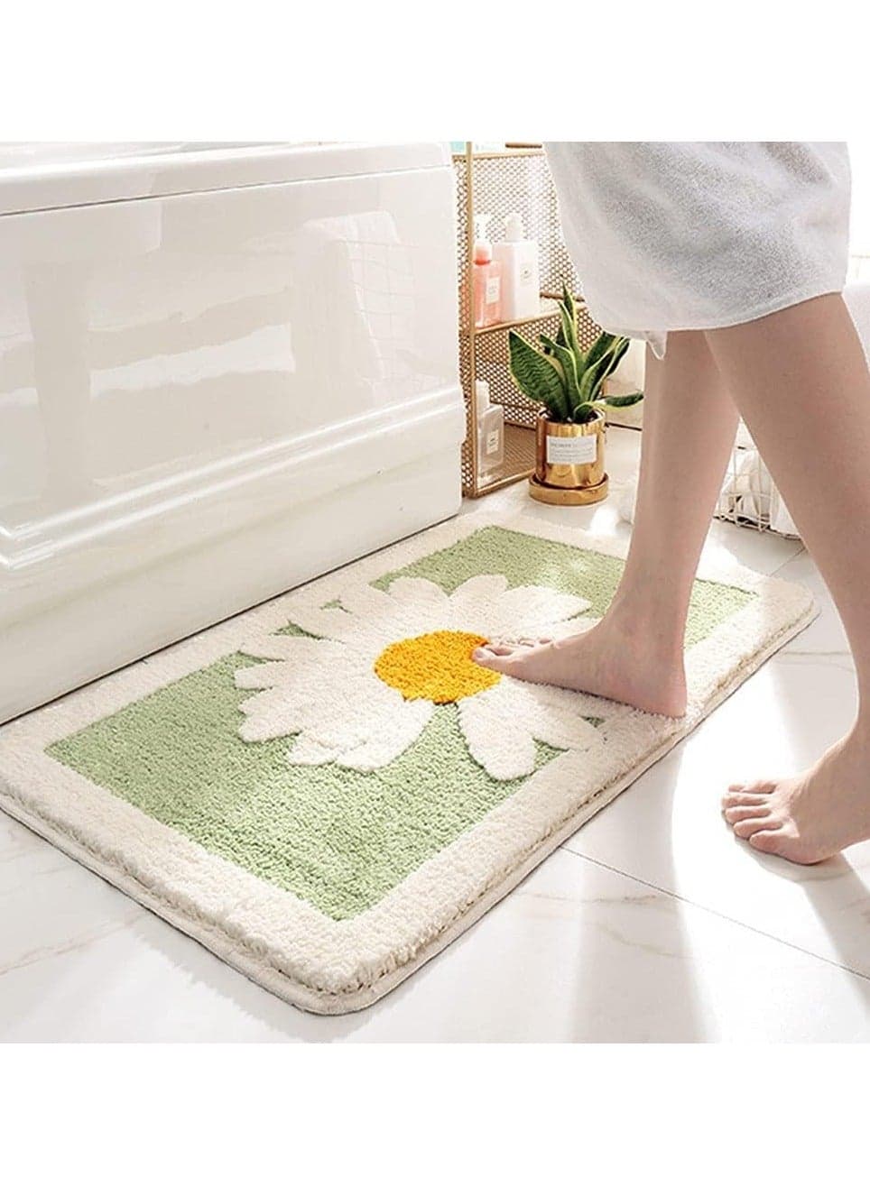 Bathroom Rug Ultra Soft Microfiber Shaggy Bathroom Mats Extra Absorbent Bath Rugs Machine Washable/Dry Non-Slip Bathroom Carpet for Tub Bathroom and Shower (Daisy Green)45X65CM
