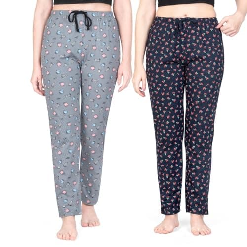 Real Basics Women's Cotton Printed Pyjama Pack Of 2(Rb-W-Pj-L-P2-Coffeecherrymulticolorl, Casual Style, Grey Coffee,Navy Cherry)
