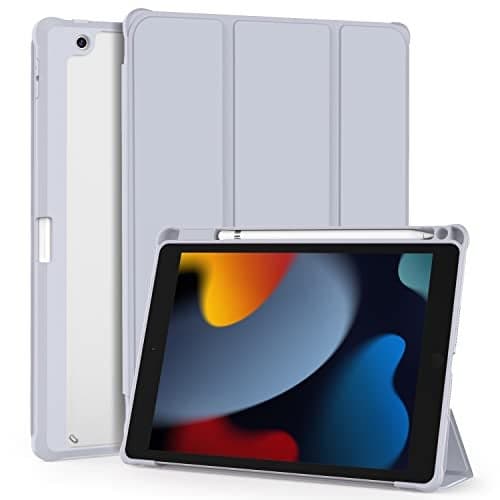 OKP for iPad 9th/ 8th/ 7th Generation Case (2021/2020/2019), iPad 10.2 inch Cases with Trifold Stand, Slim ipad 9/8/7 th gen Cover with Pencil Holder for Kids Women Men, Clear Back Shell, Sliver