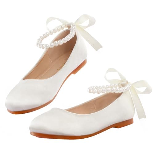 MEJORMEN Toddler Girls Flower Girl Shoes, Mary Jane Ballet Flats with Pearl Ankle Strap, Princess Dress Shoes for Wedding Party School