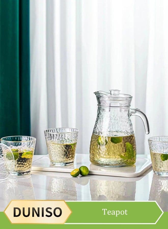 5-Piece Glass Kettle Set,Clear Hammered Texture Glass Teapot Set with 1 Pot and 4 Cups,Glass Tea Pot with Lid and Spout,Sturdy and Durable,Suitable for Ice Tea Lemonade Coffee Milk Juice