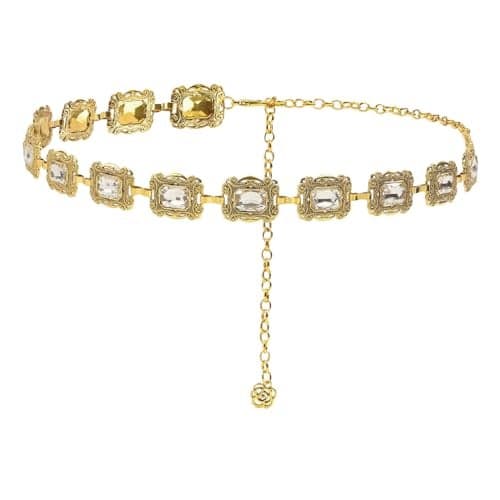 PALAY® Belt for Women Dresses Metal Concho Hip Belt for Saree Stylish Crystal Waist Chain for Woman Fashion Adjustable Boho Vintage Saree Belts Waist Chain Belts for Dresses, Jeans, Skirts - Gold
