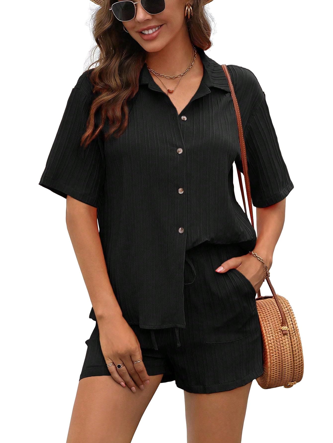 Shasmi Women & Girls Black Solid Color Button Front Vacation Solid Texture Short Sleeve Loose Fit Drop Shoulder Pocket Shirt and Shorts Casual Two-Piece Set (Co Ods 143 Black-XL)