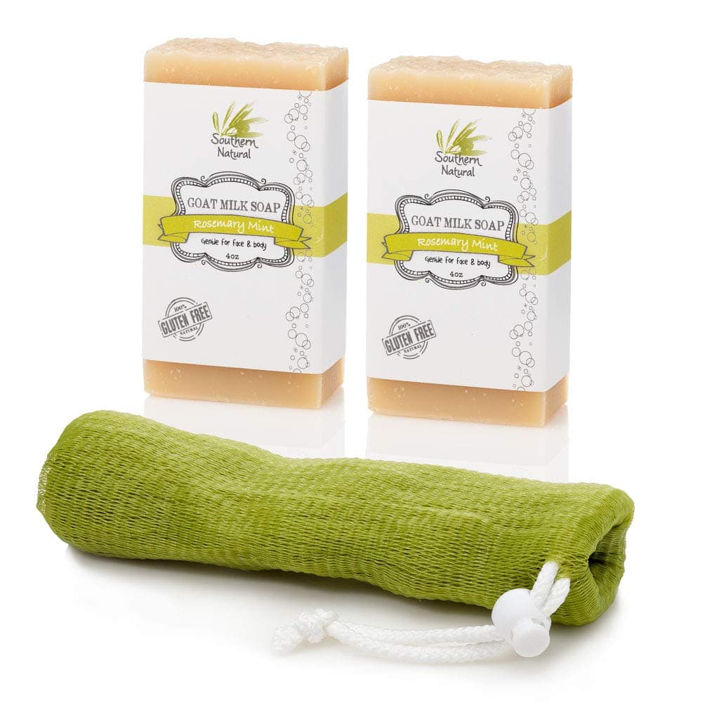 Southern Natural Goat Milk Soap Bar 2 Pack Rosemary Mint Gentle For Dry Sensitive Skin For Face Body 445 oz Bars With Bonus Soap Sock
