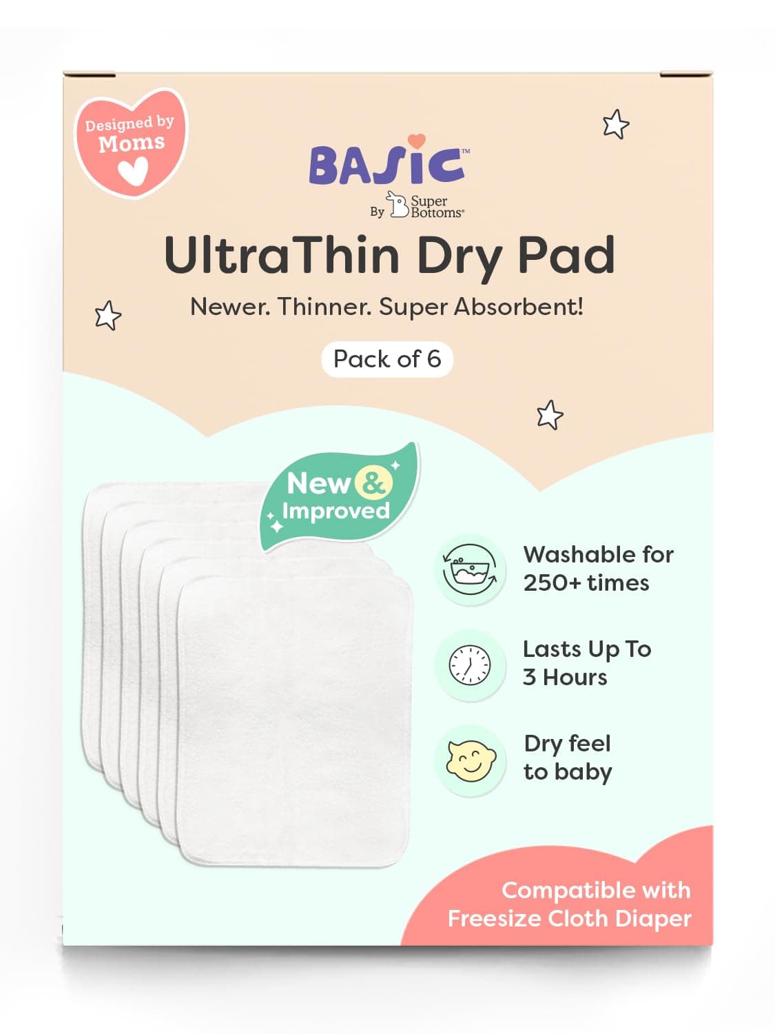 superbottoms BASIC Pads combo for Babies (Dry feel pad (Pack of 6)) | Insets for cloth diapers for Babies| Soakers for pocket diapers | Prefold style - UltraThin Dry Pad, 1 count