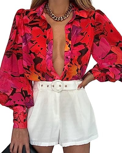 BTFBM Women Fashion Button Down Shirts V Neck Printed Solid Boho Long Sleeve Blouses Dressy Casual Summer Fall Tops(Floral Red, Large)