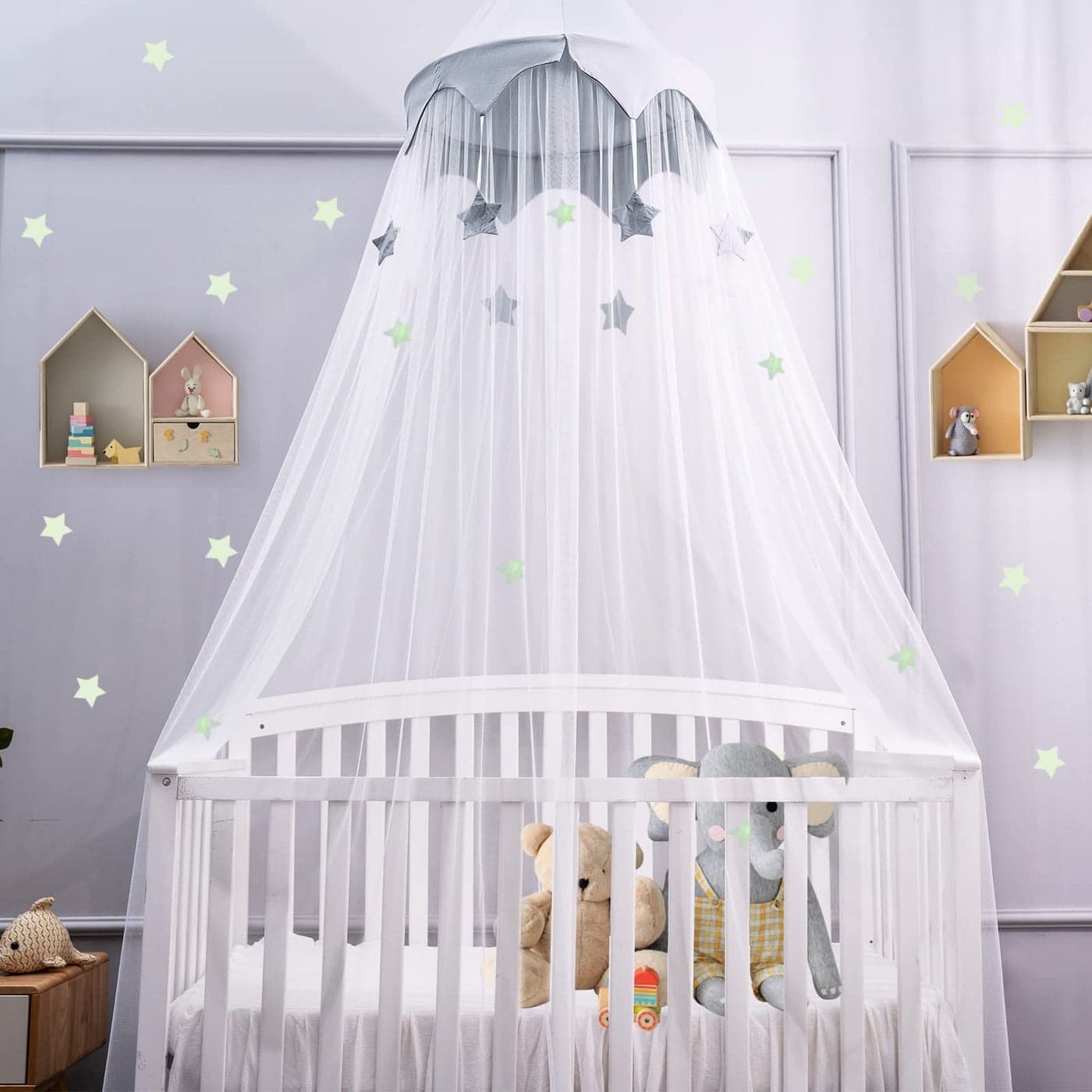 Canopy for Kids Bed with Stars Crib Canopy with Dome Elegant Net Hanging Fairy Girl Bed Canopy Princess Room Decoration Reading Nook Corner Curtain Fits Full Crib Twin Queen Play Castle Tent