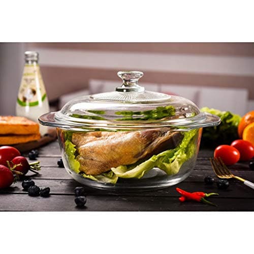 ARUZEN -1 Liter - Glass Casserole Deep Round - Oven and Microwave Safe Serving Bowl with Glass Lid 1000 ML