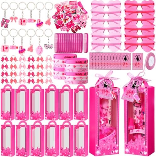 Geiserailie 147 Pcs 12 Sets Hot Pink Princess Party Favors Include Gift Box Sunglass Silicone Bracelet Keychain Bow Hair Band Comb Card Sticker Ribbon for Girl Birthday Bachelorette Party Supplies