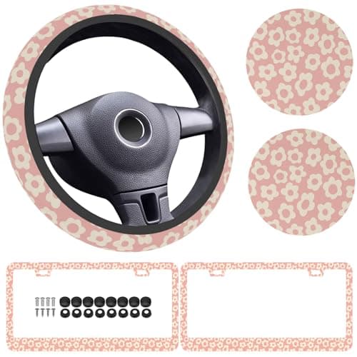5 Pack Flowers Vintage Groovy Steering Wheel Cover Universal 15 Inch Vintage Groovy Flowers License Plate Frames 2 Holes with Screw Caps Car Cup Coasters 275 Car Accessories for Women 02