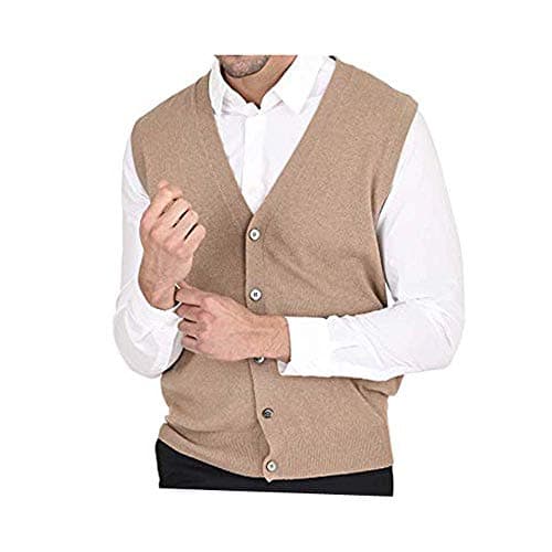 Malvina Men's Front Open Buttoned Sleeveless Woollen Cardigan with Pockets (Creamy, Meidum)