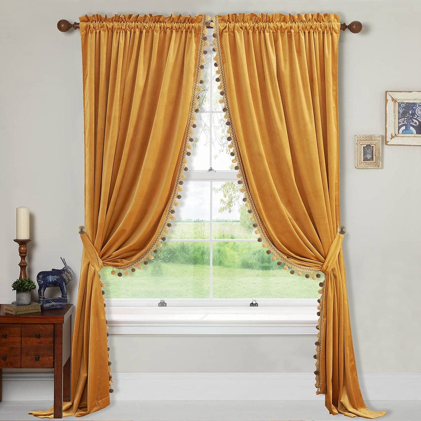 StangH Gold Velvet Curtains 84 inches Long for Living Room Boho Pompom Light Blocking Window Deocr Thermal Curtain Drapes for Kids RoomBedroom Warm Gold W52 x L84 2 Panels Tiebacks