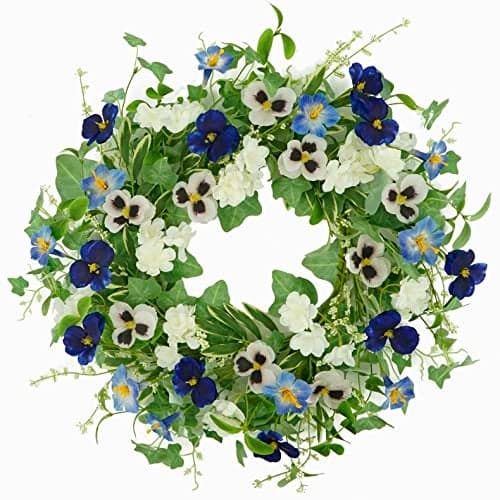 AMF0RESJ Artificial Spring Summer Wreath with Pansy Flower,Lavender Morning Glory for Front Door Indoor Outdoor Farmhouse Home Wall Window Festival Wedding Decor,