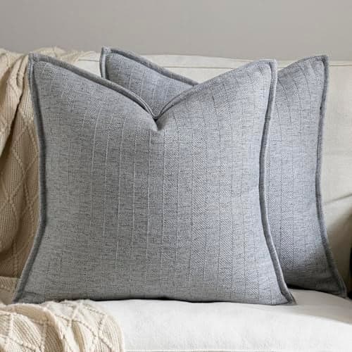 DEZENE 18x18 Linen Pillow Covers Steel Blue Pack of 2 Farmhouse Boho Neutral Accents Striped Textured Square Decorative Throw Pillow Cases for Living Room Couch Bed Home Decor
