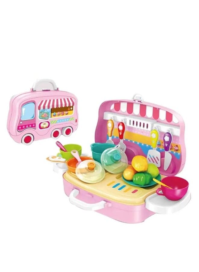 Portable Kitchen Play Set for Kids Little Chef Suitcase Style Cooking Toy with Utensils Fruits and Vegetables for Girls and Boys Professional Travel Kitchen Station Creative Learning Birthday Gift