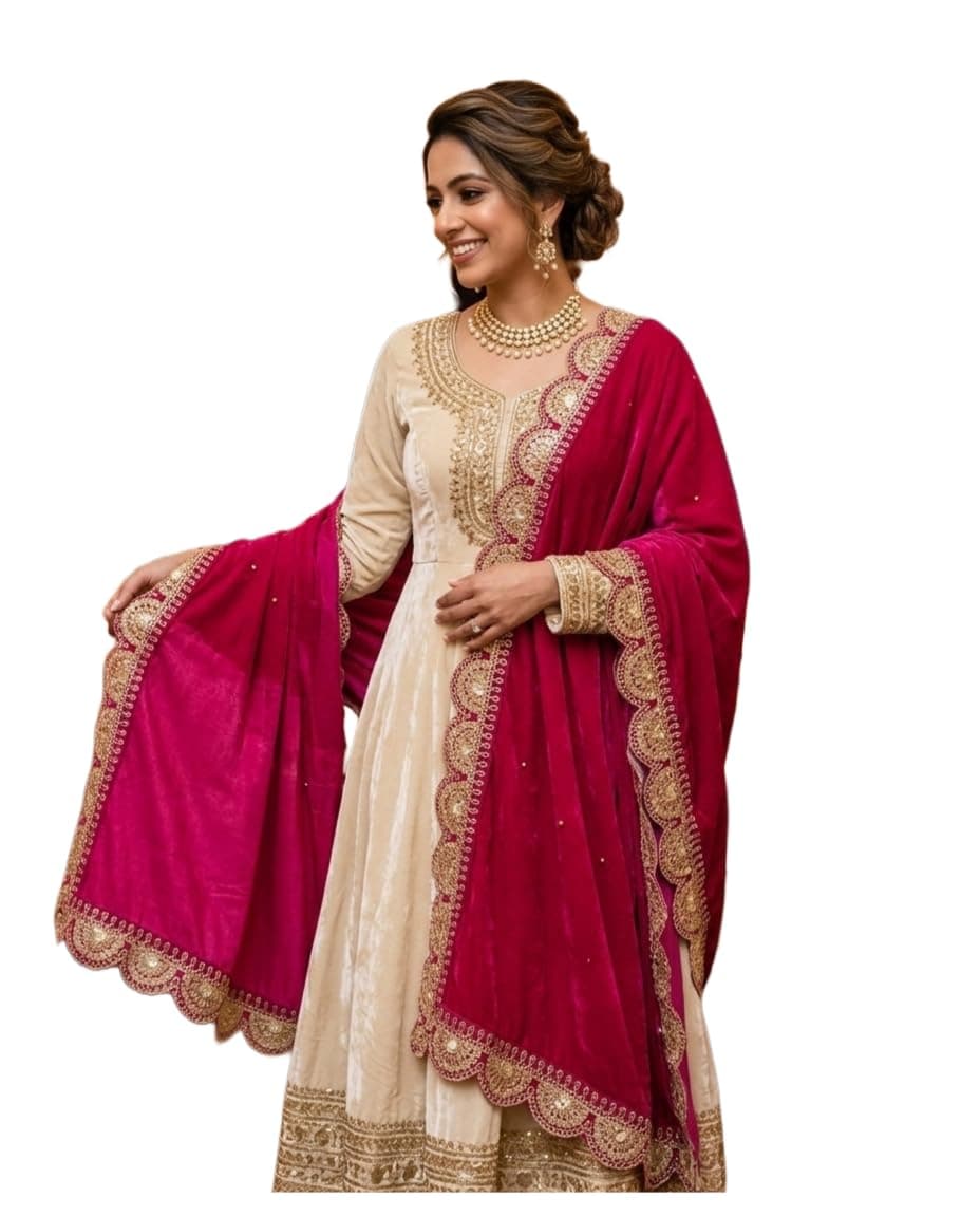 Navti Creations Women's Stole Dupatta/Shawl In Velvet With CutWork Design Embroidery Border (length -2.25m, Width-75cm) Border Width-5cm (Rani, 2.25m)