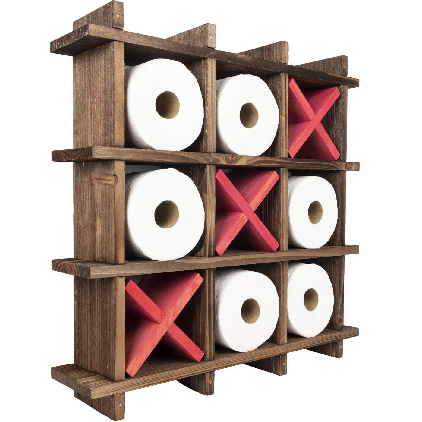 EXCELLO GLOBAL PRODUCTS Rustic Wooden Toilet Paper Holder Tic Tac Toe Design for Wall Mounted or Freestanding Bathroom Tissue Roll Storage Organizer
