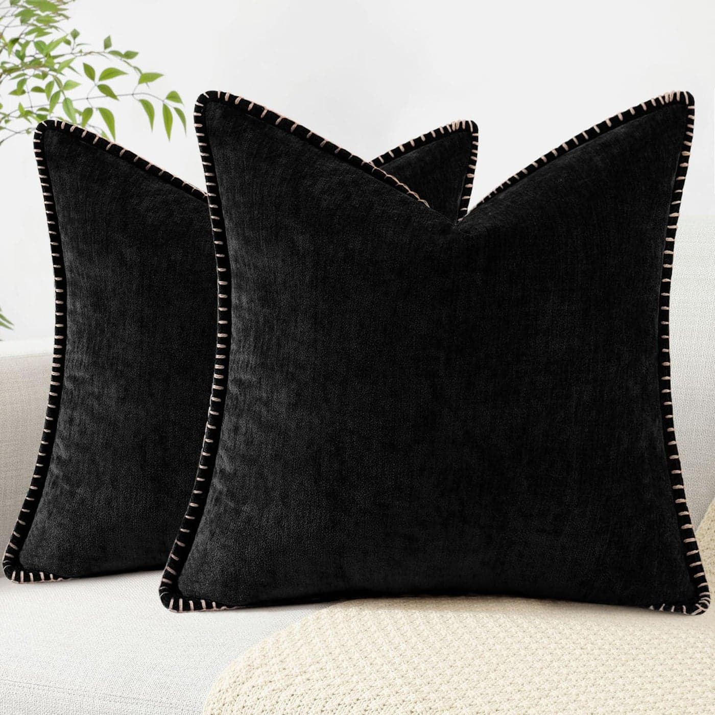 decorUhome Chenille Soft Throw Pillow Covers 22x22 Set of 2 Farmhouse Velvet Neutral Decorative Pillow Covers with Stitched Edge for Couch Sofa Bed Home Decor Black